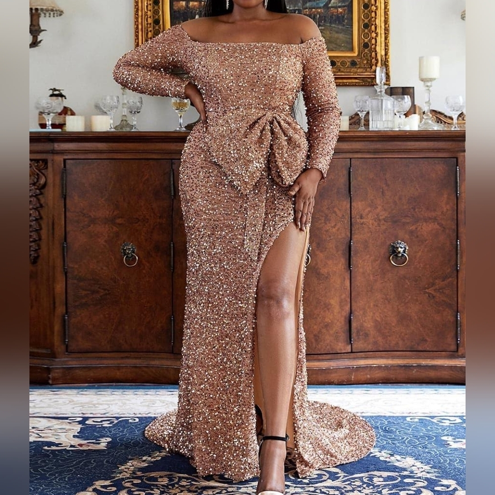 Sz 1XL (fits 16ish) Miss Ord Bow Knot Split Sequin/Tinsel Gown in Deep Rose Gold